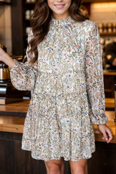Printed Mock Neck Long Sleeve Mini Dress Floral OutfitFlow